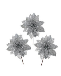 Werchristmas Set Of 3 Silver Glitter Artificial Poinsettia Flowers, 15 Cm - thumbnail 1