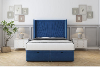 "Comfort Sunrise Navy Plush Ottoman Bed Base With 54"" Wingback Headboard 4'6 Double" - image 1