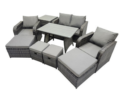 Fimous 8 Seater Garden Outdoor Rattan Furniture Set Rattan Sofa Oblong Dining Table With 2 Big Stools Side Table Dark Grey - image 1