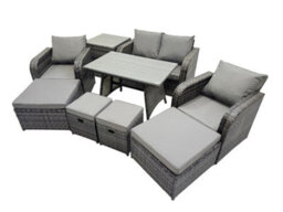 Fimous 8 Seater Garden Outdoor Rattan Furniture Set Rattan Sofa Oblong Dining Table With 2 Big Stools Side Table Dark Grey - thumbnail 1