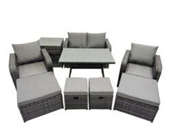 Fimous 8 Seater Garden Outdoor Rattan Furniture Set Rattan Sofa Oblong Dining Table With 2 Big Stools Side Table Dark Grey - thumbnail 2