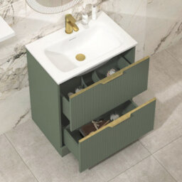 Royal Bathrooms Evora 700mm Sage Green Fluted Floor Standing Bathroom Vanity Unit 2 Drawer Cabinet With Stone Basin & Brushed Brass Handles - thumbnail 3