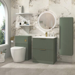 Royal Bathrooms Evora 700mm Sage Green Fluted Floor Standing Bathroom Vanity Unit 2 Drawer Cabinet With Stone Basin & Brushed Brass Handles - thumbnail 2