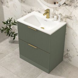 Royal Bathrooms Evora 700mm Sage Green Fluted Floor Standing Bathroom Vanity Unit 2 Drawer Cabinet With Stone Basin & Brushed Brass Handles - thumbnail 4