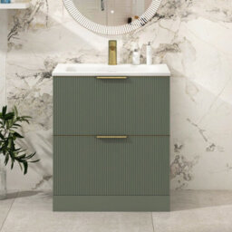 Royal Bathrooms Evora 700mm Sage Green Fluted Floor Standing Bathroom Vanity Unit 2 Drawer Cabinet With Stone Basin & Brushed Brass Handles
