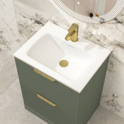 Royal Bathrooms Evora 700mm Sage Green Fluted Floor Standing Bathroom Vanity Unit 2 Drawer Cabinet With Stone Basin & Brushed Brass Handles - thumbnail 5