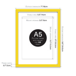A5 Yellow Picture Frame With Mount For A6 (10.5 X 14.8Cm - 4.1 X 5.8In) Poster, Photo, Artwork, Or Print. - thumbnail 2