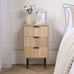 Ohs Ribbed Bedside Table Modern Bedroom 3 Draw Office Nightstand, Light Wood - thumbnail 1