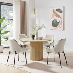 Furniturebox Uk Penrose Oak Effect Round Dining Table & 4 Cream Beaumont Chairs - thumbnail 1