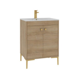 Royal Bathrooms Verona 600mm Natural Oak Floor Standing Vanity Unit 2 Door With Carrara White Basin & Brushed Brass Knob - thumbnail 6