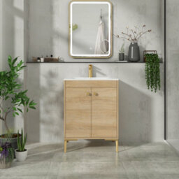 Royal Bathrooms Verona 600mm Natural Oak Floor Standing Vanity Unit 2 Door With Carrara White Basin & Brushed Brass Knob - thumbnail 4
