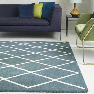 Diamond Teal Wool Chequered Geometric Luxurious Modern Handmade Rug For Living Room And Bedroom-160Cm X 230Cm - image 1