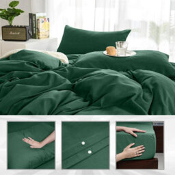 Ameha Plain Dyed Duvet Cover Complete Set With Matching Fitted Sheet & Pillowcase Microfiber King Emerald Green - thumbnail 8
