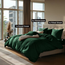 Ameha Plain Dyed Duvet Cover Complete Set With Matching Fitted Sheet & Pillowcase Microfiber King Emerald Green - thumbnail 4