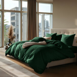 Ameha Plain Dyed Duvet Cover Complete Set With Matching Fitted Sheet & Pillowcase Microfiber King Emerald Green - thumbnail 2