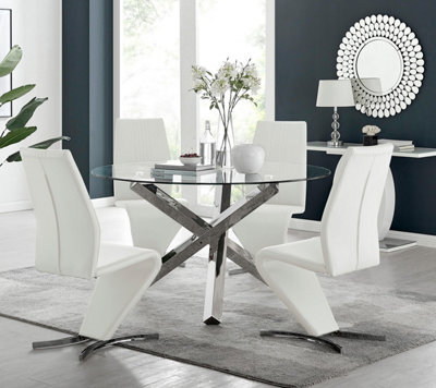 Furniturebox Uk Vogue Large Round Chrome Metal Clear Glass Dining Table And 4 White Willow Dining Chairs Set - image 1
