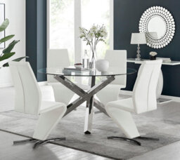 Furniturebox Uk Vogue Large Round Chrome Metal Clear Glass Dining Table And 4 White Willow Dining Chairs Set - thumbnail 1