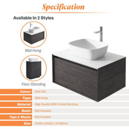 Plum&clay Matterhorn Dark Oak Wall Hung Bathroom Vanity Unit With White Countertop (W)600mm (H)450mm - thumbnail 4