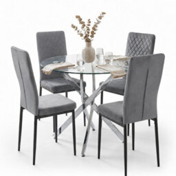 Oira Homes Modern Round Glass Dining Table Set With 4 Grey Velvet Chairs 4 Seater Dining Table Set - thumbnail 1