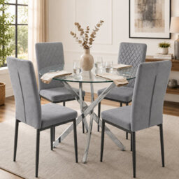 Oira Homes Modern Round Glass Dining Table Set With 4 Grey Velvet Chairs 4 Seater Dining Table Set - thumbnail 2