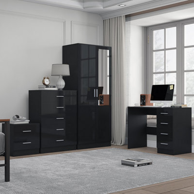 Reflect 2 Door Mirror Wardrobe, 5 Drawer Chest, 2 Drawer Bedside & Desk - Black Gloss & Black Oak - Modern Bedroom Furniture Set - image 1