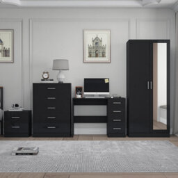 Reflect 2 Door Mirror Wardrobe, 5 Drawer Chest, 2 Drawer Bedside & Desk - Black Gloss & Black Oak - Modern Bedroom Furniture Set - thumbnail 3