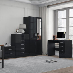 Reflect 2 Door Mirror Wardrobe, 5 Drawer Chest, 2 Drawer Bedside & Desk - Black Gloss & Black Oak - Modern Bedroom Furniture Set - thumbnail 1