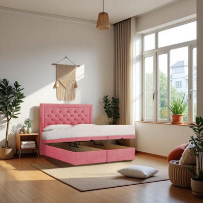 "Knight Sleep Athens Ottoman Bed Pink Plush 2Ft6  With Mattress & 24""headboard - Small Single" - image 1