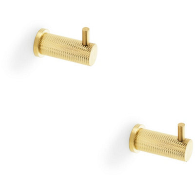 Loops 2 Pack - Solid Brass Knurled Single Robe Coat Hook - Wall Mounted Holder - Satin Brass - image 1