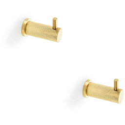 Loops 2 Pack - Solid Brass Knurled Single Robe Coat Hook - Wall Mounted Holder - Satin Brass - thumbnail 1