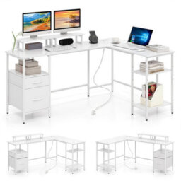White L Shaped Desk With Power Outlets Corner Desk With Monitor Stand Adjustable Shelf - thumbnail 1