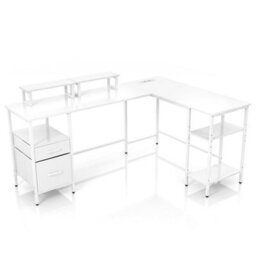 White L Shaped Desk With Power Outlets Corner Desk With Monitor Stand Adjustable Shelf - thumbnail 4
