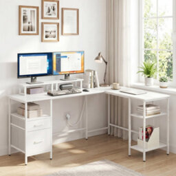 White L Shaped Desk With Power Outlets Corner Desk With Monitor Stand Adjustable Shelf - thumbnail 3