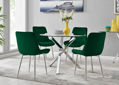 Furniturebox Uk Selina Square Leg Round Dining Table And 4 Green Pesaro Silver Leg Chairs - image 1