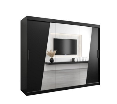 Arte Rhomb Contemporary Mirrored 3 Sliding Door Wardrobe 9 Shelves 2 Rails Black Matt (H)2000mm (W)2500mm (D)620mm - image 1