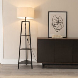 Valuelights Hiru Black 3 Tier Shelf Floor Lamp With White Trim Linen Shade