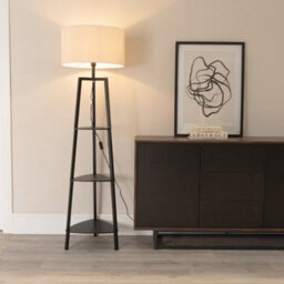 Valuelights Hiru Black 3 Tier Shelf Floor Lamp With White Trim Linen Shade - thumbnail 2