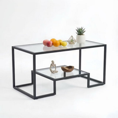 Alivio 2-Tier Storage Coffee Table With Metal Frame Design For Home & Office (Glass) - image 1