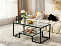Alivio 2-Tier Storage Coffee Table With Metal Frame Design For Home & Office (Glass) - thumbnail 2