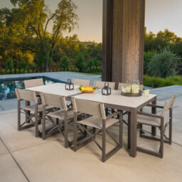 Xample Sunvilla Anchor 9-Piece Sling Dining Set 8 Foldable Chairs, Permastone Table, Rust-Resistant Aluminium, Quick-Dry Fabric + Cover
