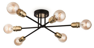 Luminosa Lighting Luminosa Trident 6 Light Multi Arm Semi Flush Light Black With Brushed Brass, E27