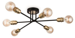 Luminosa Lighting Luminosa Trident 6 Light Multi Arm Semi Flush Light Black With Brushed Brass, E27