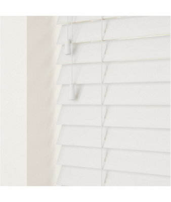 Smooth Finish Faux Wood Venetian Blinds With Strings 120Cm Drop X 140Cm Width Ultra White Smooth