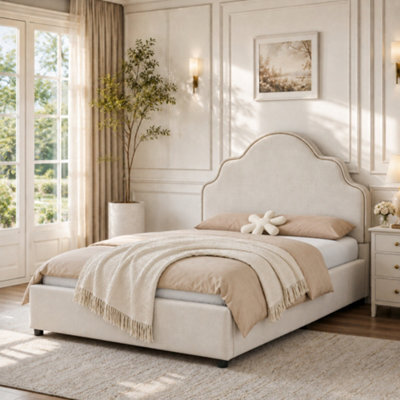 Modernluxe 3Ft Single Bed, 90 X 190 Cm, Scalloped Upholstered Kids Bed - Princess Style Bed With Curved Headboard, Beige, Linen - image 1