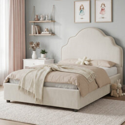 Modernluxe 3Ft Single Bed, 90 X 190 Cm, Scalloped Upholstered Kids Bed - Princess Style Bed With Curved Headboard, Beige, Linen - thumbnail 3