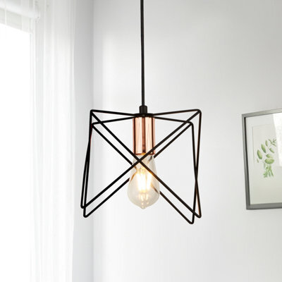 Lighting Collection Geometric Industrial Cage Pendant Light With Copper Tone Socket Detail - image 1