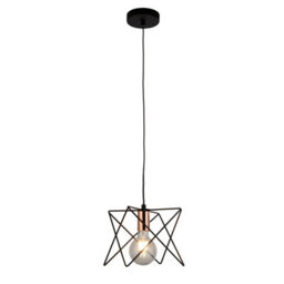 Lighting Collection Geometric Industrial Cage Pendant Light With Copper Tone Socket Detail - thumbnail 2