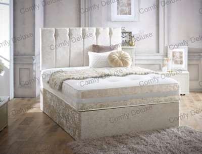 Comfy Deluxe 6Ft Superking Cream Crushed Velvet Divan Bed With Florence 20Inch Headboard & Matching Mattress 2 Drawers Same Side