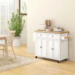 Homcom Rolling Kitchen Island Cart With Rubber Wood Top, Spices White