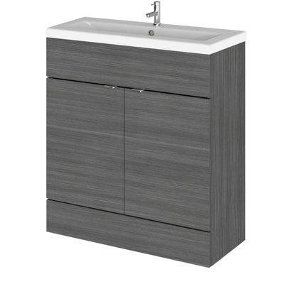 Hudson Reed Fusion Floor Standing 2 Door Vanity Unit & Ceramic Basin, Sink Vanity Unit, Anthracite Woodgrain, 800mm - image 1